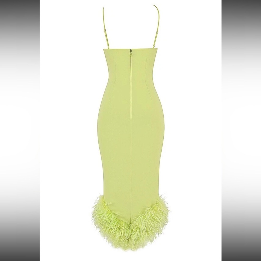 House Of Cb 'Alessia' Green Asymmetric Feather Trim Midi Dress Size S US4-6 $369 - Picture 8 of 10